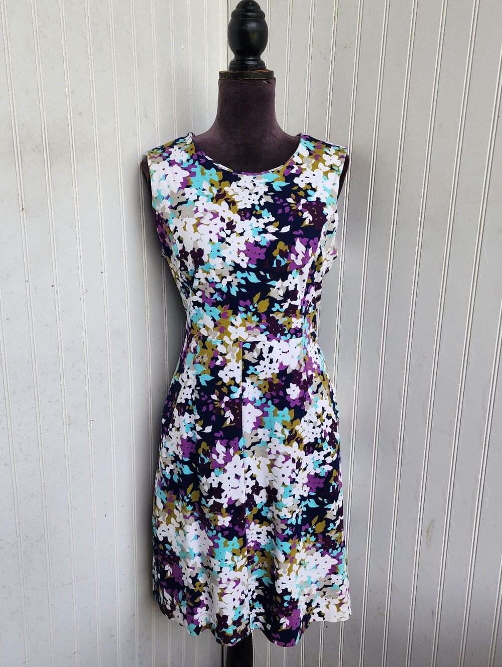 Lands' End Womens Sheath Dress Purple Blue Floral Sleeveless Knee Stretch Zip 10 - Picture 2 of 15